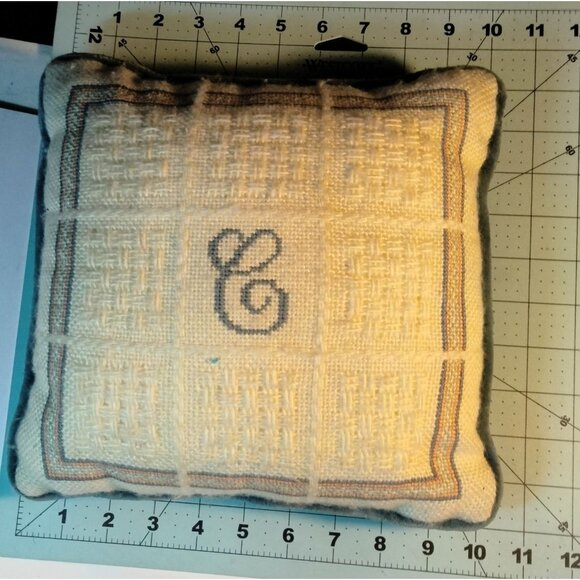 Handmade Needlepoint Pillow Monogram Letter C Blue Velvet Backing 10x10 Vintage - Picture 3 of 5